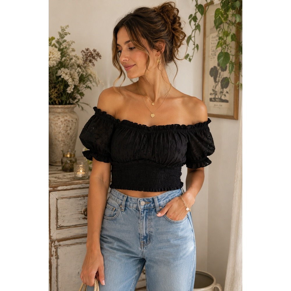 Jennifer Grace Black Smocked Cotton Peasant Crop Top Cottagecore Boho L